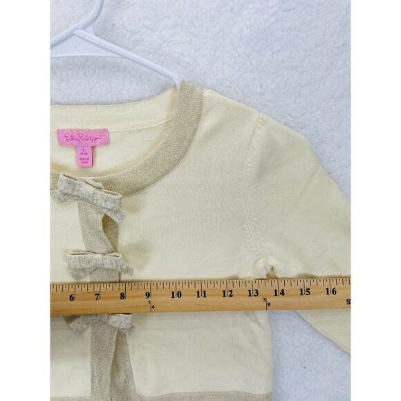 Lilly Pulitzer Cardigan Girls Size L 8/10 Ivory Shimmer Bow Long Sleeve Sweater - Picture 5 of 10